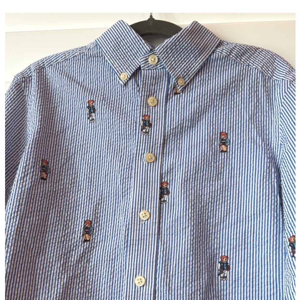 Ralph Lauren Boys Blue White Seersucker Polo Bear Embroidered Shirt Size 8 S/P